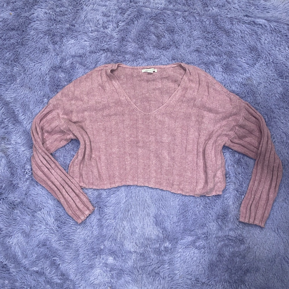 American Eagle Soft Ribbed Long Sleeve V Neck Cropped Sweater Size Small